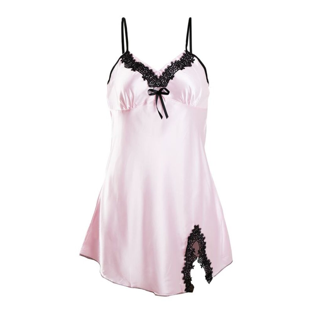 Satin Lace Trim Sleepwear Sexy Nightgown Pajama Slip Dress Pink-floral